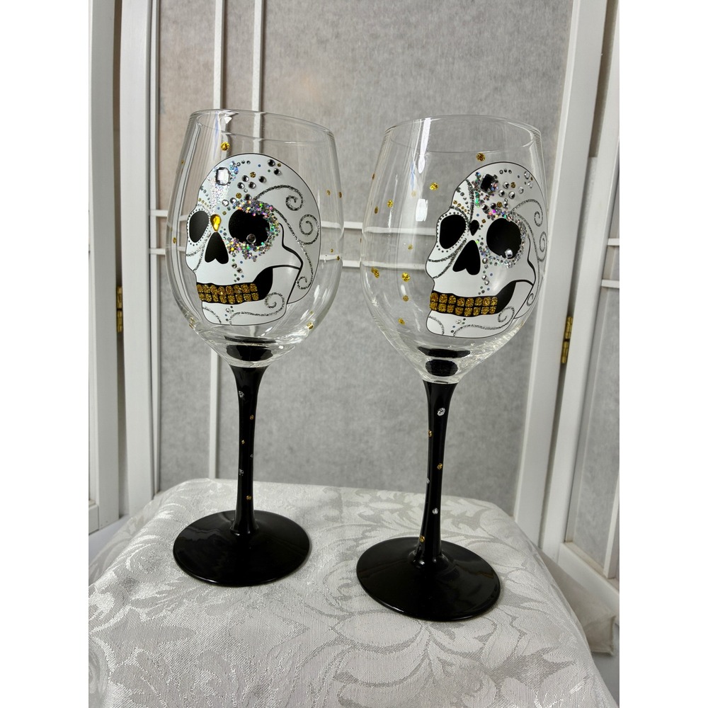 Day of the Dead Sugar Skull Wine Glasses Pair Black Stem Rhinestone Halloween